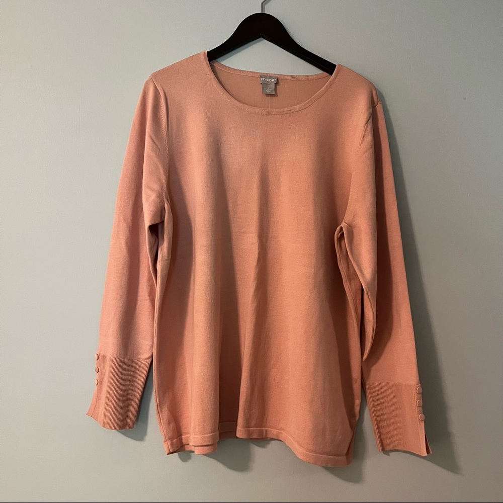 NWT chicos PULLOVER SWEATER BUTTON SLEEVE SWEATER LS BASIC in BELLA PINK